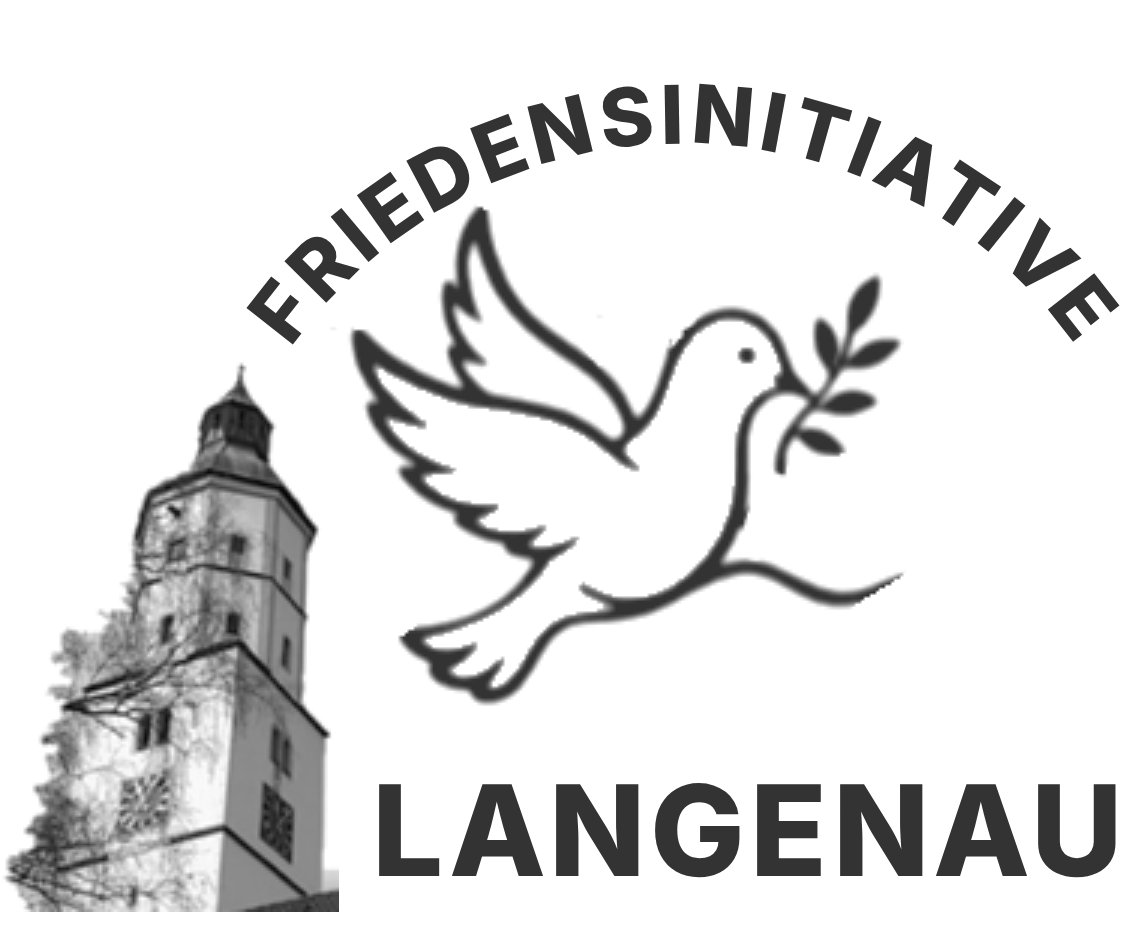 Logo der Friedensinitiative Langenau: Friedenstaube mit Ölzweig vor dem Langenauer Kirchturm